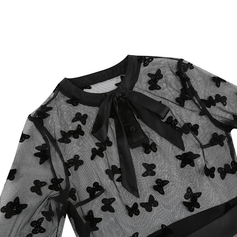 1950S Black A-Line Bow-Tie Neckline Embroidery Sheer Bell Sleeves Vintage Dress with Blue Floral
