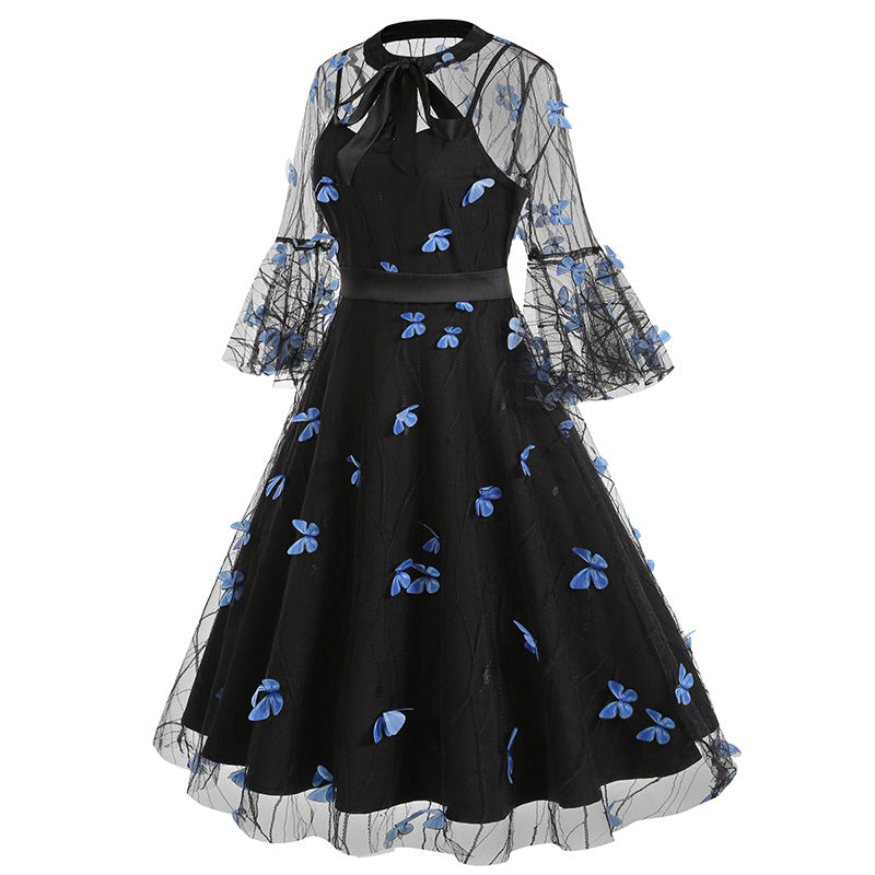 1950S Black A-Line Bow-Tie Neckline Embroidery Sheer Bell Sleeves Vintage Dress with Blue Floral