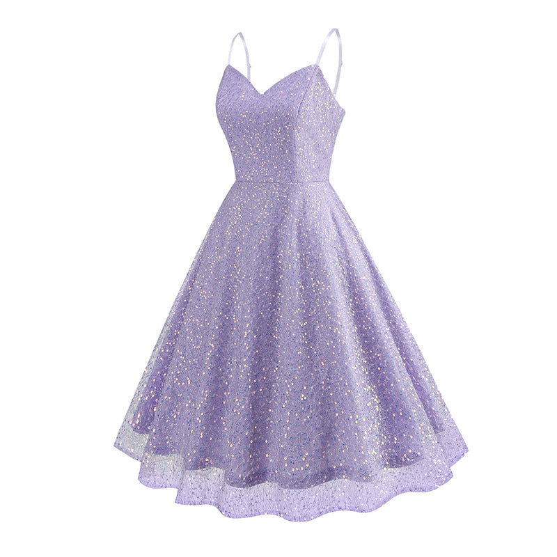 1950S Glittering Pink Sequin Spaghetti Strap Sweetheart Neckline Vintage Swing Dress