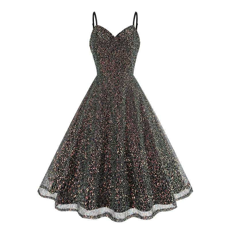 1950S Glittering Pink Sequin Spaghetti Strap Sweetheart Neckline Vintage Swing Dress