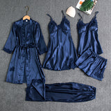 RosyQueen Silk 5 Piece Navy Blue Pajama Set