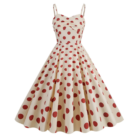 1950S Apricot and Red Polka Dot Spaghetti Strap Vintage Dress