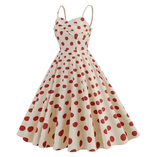 1950S Apricot and Red Polka Dot Spaghetti Strap Vintage Dress