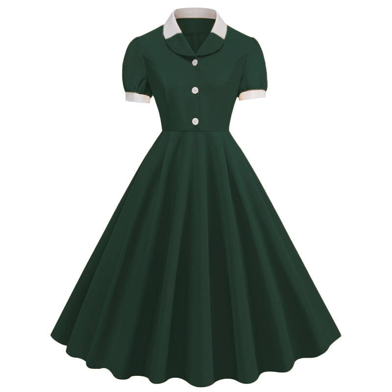 1950S Beige Retro Button-Up Short Sleeve Vintage Dress