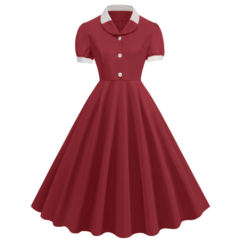 1950S Beige Retro Button-Up Short Sleeve Vintage Dress