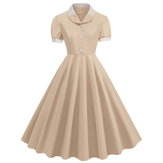 1950S Beige Retro Button-Up Short Sleeve Vintage Dress