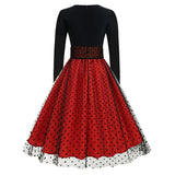 1950S Black and Beige Retro Polka Dot Long Sleeve Belted Vintage Dress