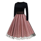1950S Black and Beige Retro Polka Dot Long Sleeve Belted Vintage Dress