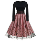 1950S Black and Beige Retro Polka Dot Long Sleeve Belted Vintage Dress