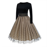 1950S Black and Beige Retro Polka Dot Long Sleeve Belted Vintage Dress
