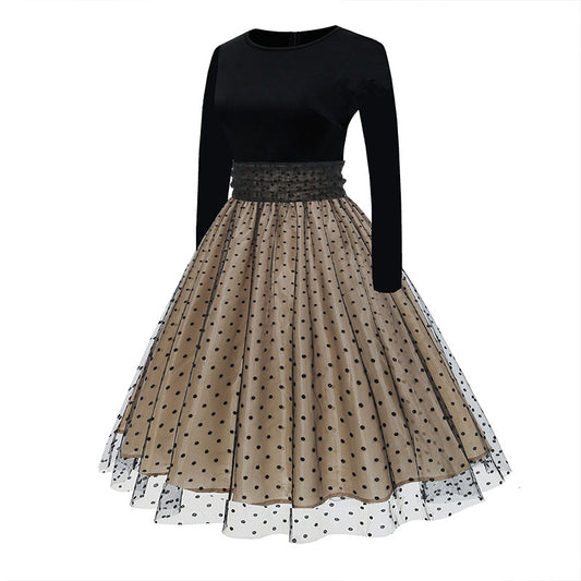 1950S Black and Beige Retro Polka Dot Long Sleeve Belted Vintage Dress