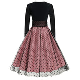 1950S Black and Beige Retro Polka Dot Long Sleeve Belted Vintage Dress