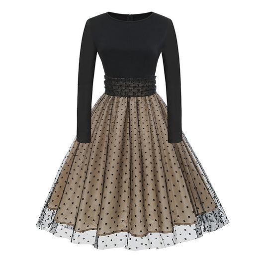 1950S Black and Beige Retro Polka Dot Long Sleeve Belted Vintage Dress