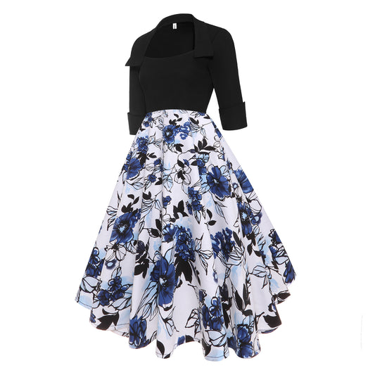 1950S Black and Blue Floral Print Patchwork Half Sleeve Vintage Dress