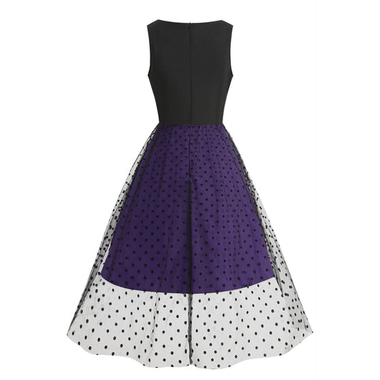 1950s Black and Purple Polka Dot Patchwork Sleeveless Vintage Dress