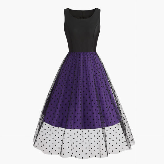 1950s Black and Purple Polka Dot Patchwork Sleeveless Vintage Dress