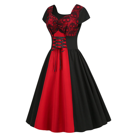 1950S Black and Red Retro Lace Patchwork Corset Short Sleeve Vintage Dress