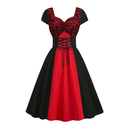 1950S Black and Red Retro Lace Patchwork Corset Short Sleeve Vintage Dress