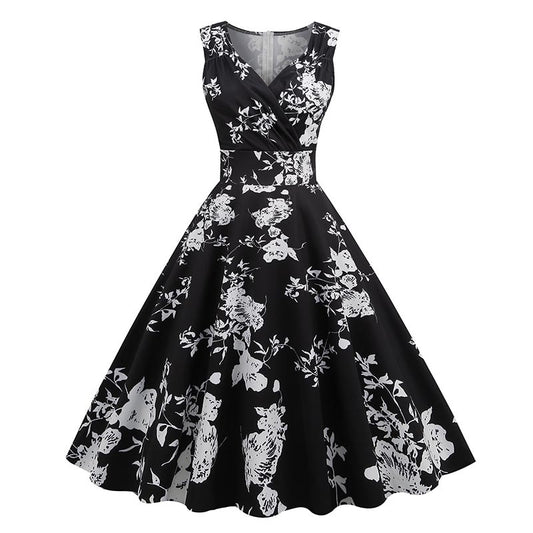 1950S Black and White Floral Sleeveless V-Neck Vintage Dress