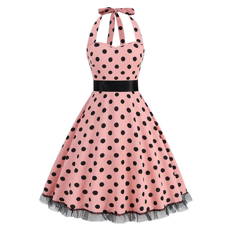 1950S Black and White Polka Dot Halter Neck Vintage Dress