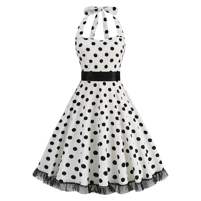 1950S Black and White Polka Dot Halter Neck Vintage Dress
