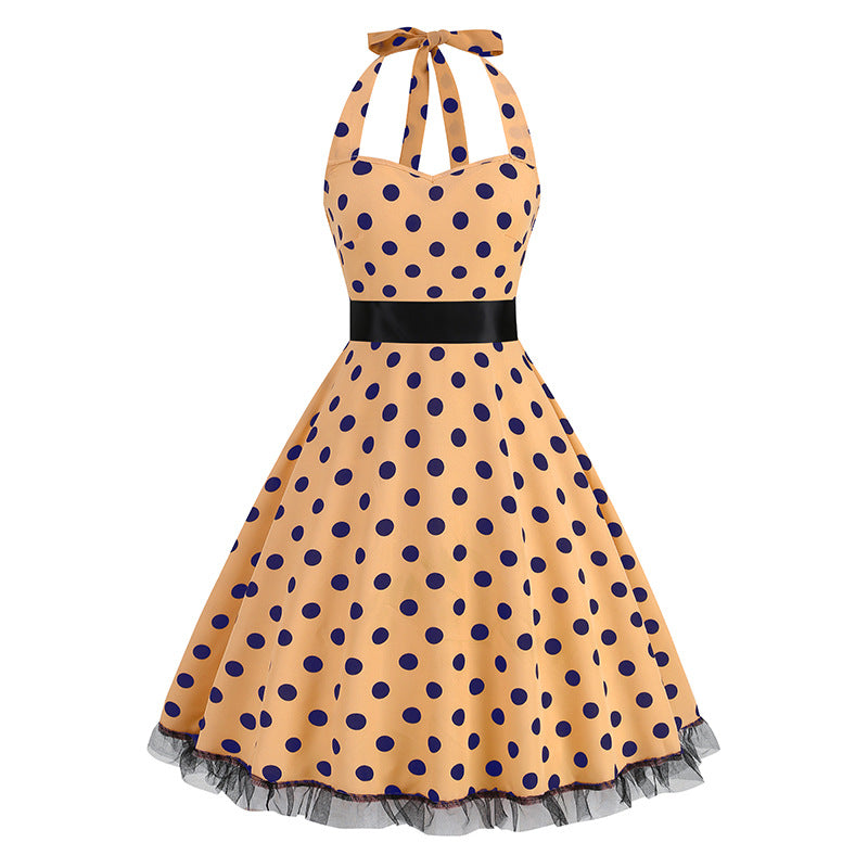 1950S Black and White Polka Dot Halter Neck Vintage Dress