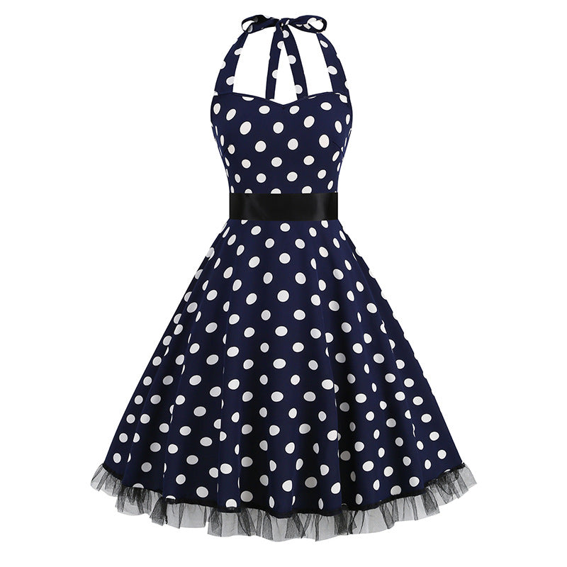 1950S Black and White Polka Dot Halter Neck Vintage Dress