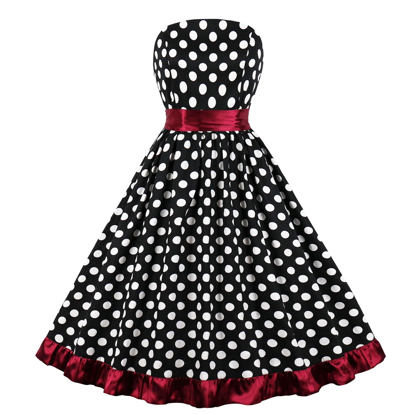 1950S Black and White Polka Dot Strapless Vintage Dress with Red Bow and Ruffle Trim