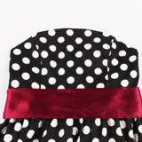 1950S Black and White Polka Dot Strapless Vintage Dress with Red Bow and Ruffle Trim
