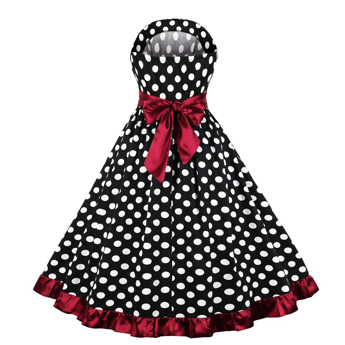 1950S Black and White Polka Dot Strapless Vintage Dress with Red Bow and Ruffle Trim