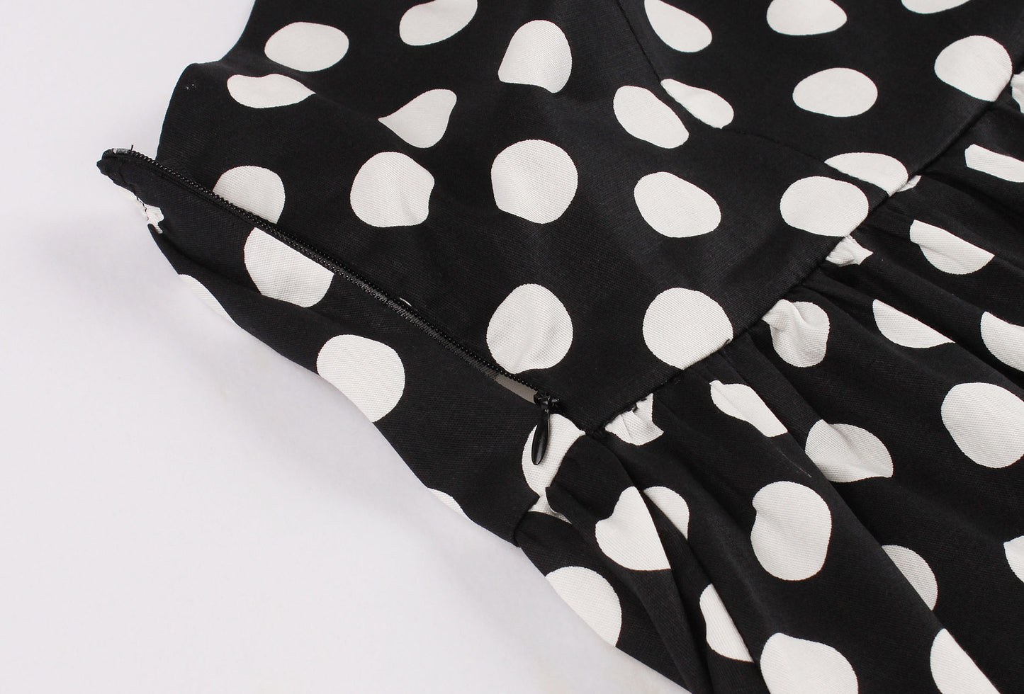 1950S Black and White Polka Dot Strapless Vintage Dress with Red Bow and Ruffle Trim