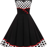 1950S Black and White Retro Polka Dot Lace Patchwork Sleeveless Vintage Dress
