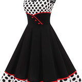 1950S Black and White Retro Polka Dot Lace Patchwork Sleeveless Vintage Dress