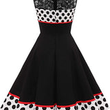 1950S Black and White Retro Polka Dot Lace Patchwork Sleeveless Vintage Dress