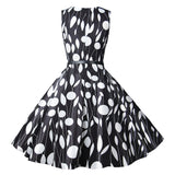 1950s White and Black Sleeveless Retro Polka Dot Belted Vintage Dress