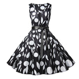 1950s White and Black Sleeveless Retro Polka Dot Belted Vintage Dress