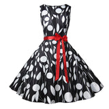 1950s White and Black Sleeveless Retro Polka Dot Belted Vintage Dress
