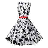 1950s White and Black Sleeveless Retro Polka Dot Belted Vintage Dress