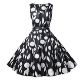 1950s White and Black Sleeveless Retro Polka Dot Belted Vintage Dress