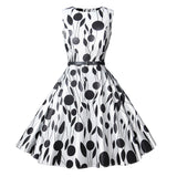 1950s White and Black Sleeveless Retro Polka Dot Belted Vintage Dress