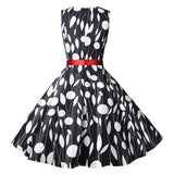 1950s White and Black Sleeveless Retro Polka Dot Belted Vintage Dress