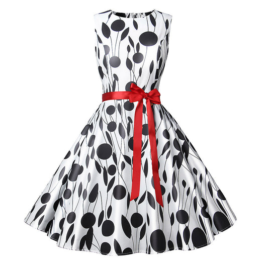 1950s White and Black Sleeveless Retro Polka Dot Belted Vintage Dress