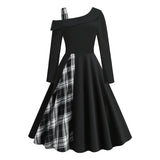 1950S Black Asymmetrical Plaid Patchwork Long Sleeve Vintage Dress