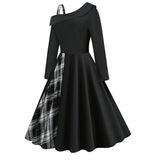 1950S Black Asymmetrical Plaid Patchwork Long Sleeve Vintage Dress