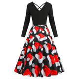 1950S Black Christmas Santa Hat Print Long Sleeve Vintage Dress