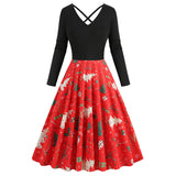 1950S Black Christmas Santa Hat Print Long Sleeve Vintage Dress