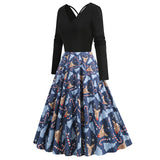 1950S Black Christmas Santa Hat Print Long Sleeve Vintage Dress