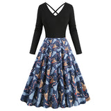 1950S Black Christmas Santa Hat Print Long Sleeve Vintage Dress