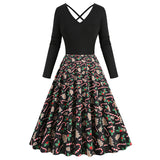 1950S Black Christmas Santa Hat Print Long Sleeve Vintage Dress