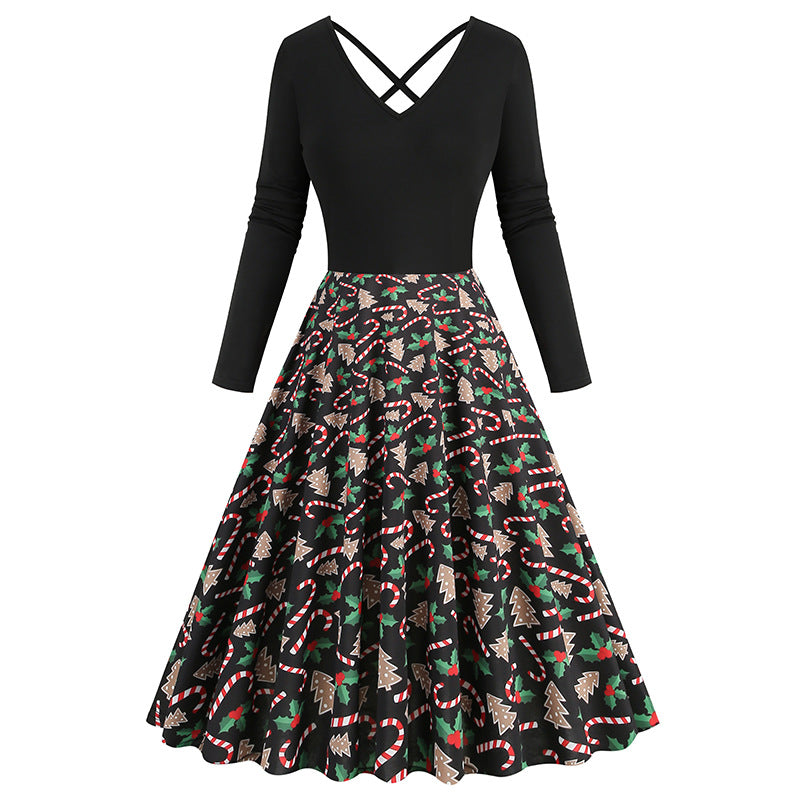 1950S Black Christmas Santa Hat Print Long Sleeve Vintage Dress